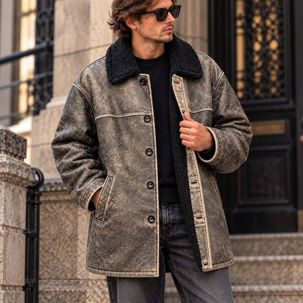 Vintage Distressed Leather Sherpa Coat XL Oversized Y2K Grunge Workwear Jacket